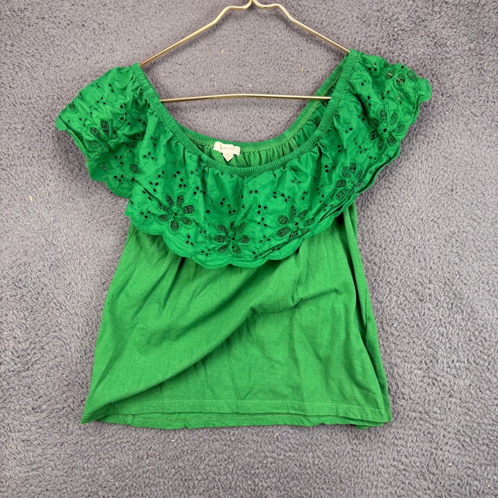 Paper + Tee Womens Green Eyelet Ruffle Off Shoulder Blouse Top Size Medium